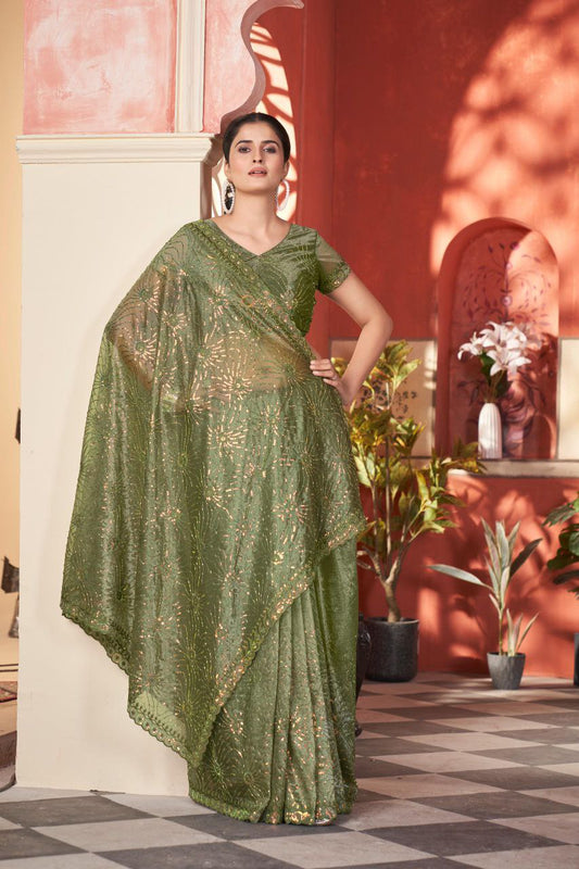 Olive Designer Twill Net Saree