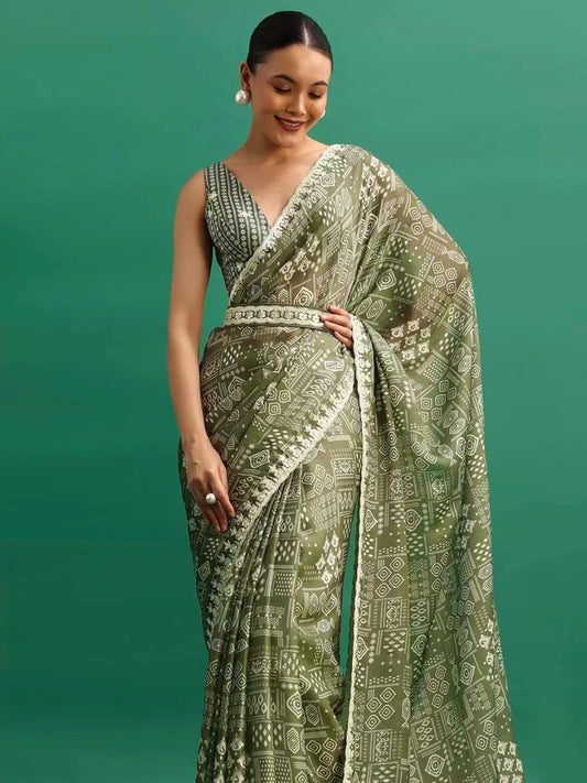 Olive Digital Printed Chinon Silk Saree