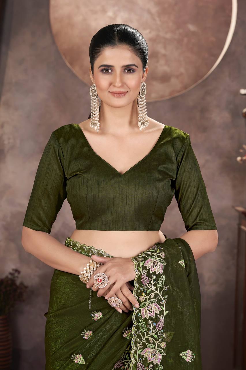 Olive Green Gold Crunchy Silk Saree