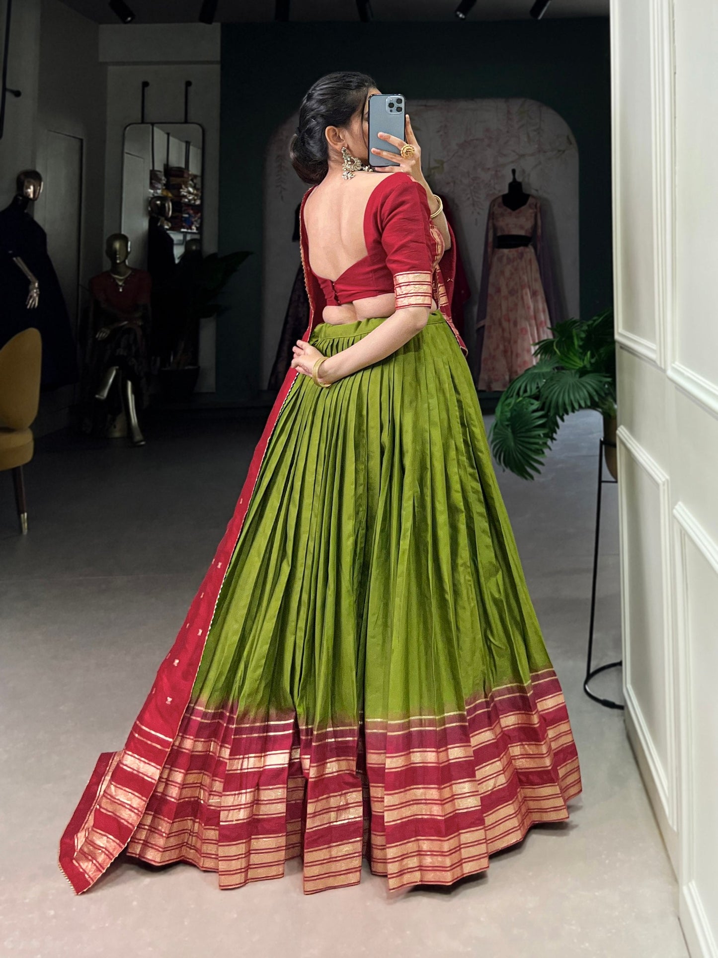 Olive & Maroon Designer Chanderi Lehenga