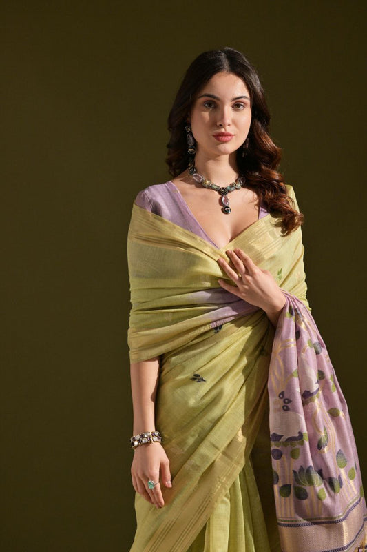 Olive Traditional Muga Cotton Saree
