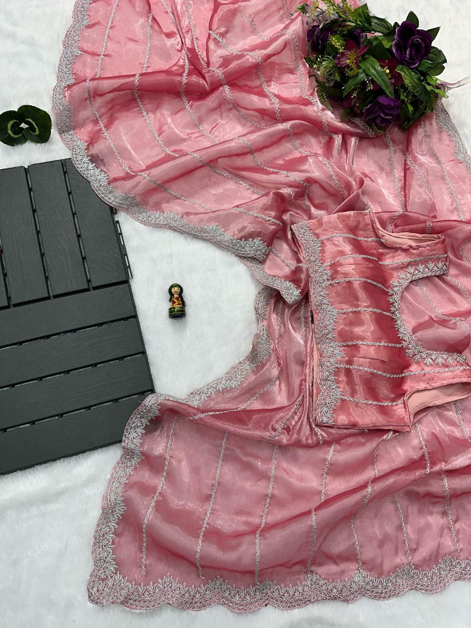 Onion Pink Designer Burberry Silk Saree