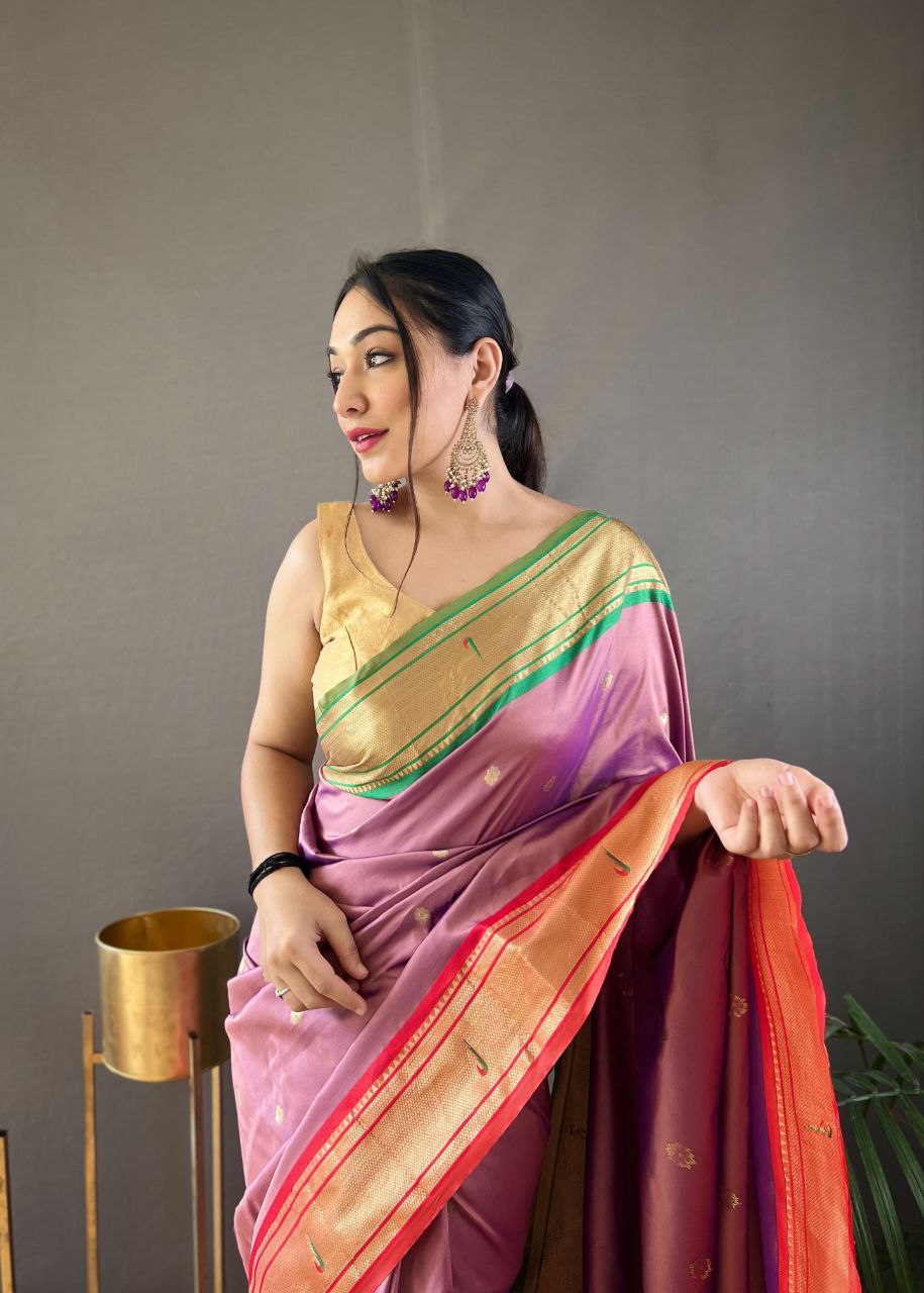 Onion Pink Traditional Marathi Paithani Saree