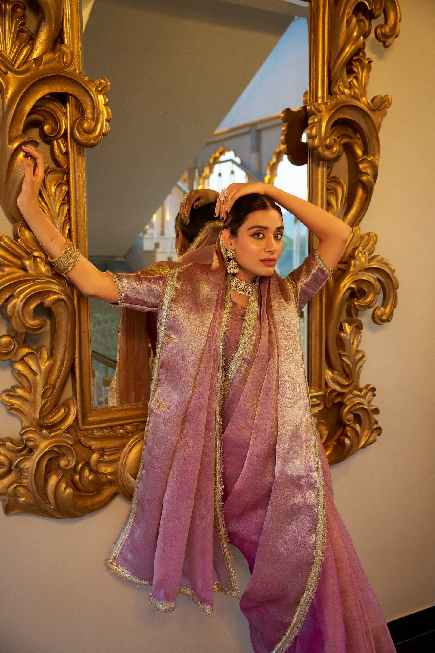 Onion Pink Wedding Wear Tissue Shimmer Saree