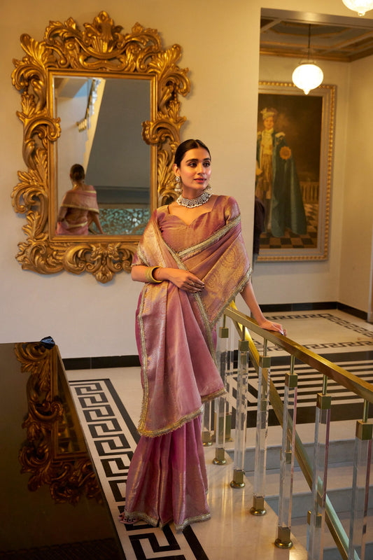 Onion Pink Wedding Wear Tissue Shimmer Saree