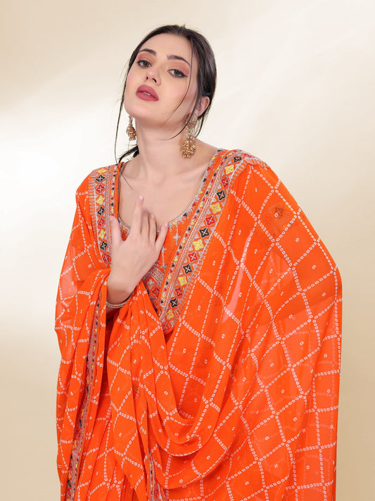 Orange Bandhej Printed Georgette Saree