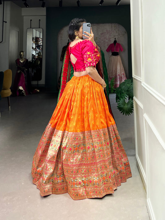 Orange Paithani Jacquard Silk Lehenga