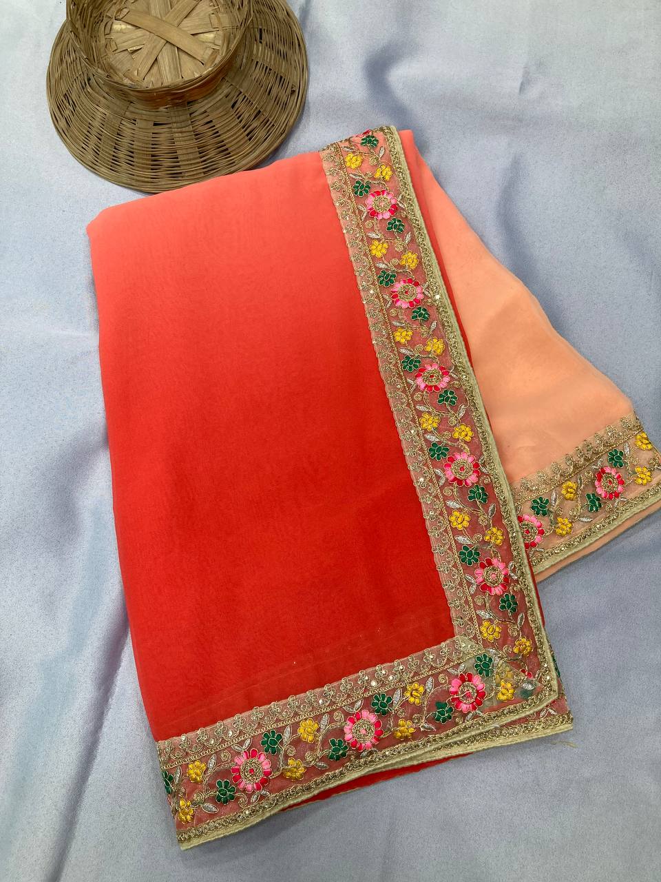 Orange & Peach Digital Printed Georgette Saree