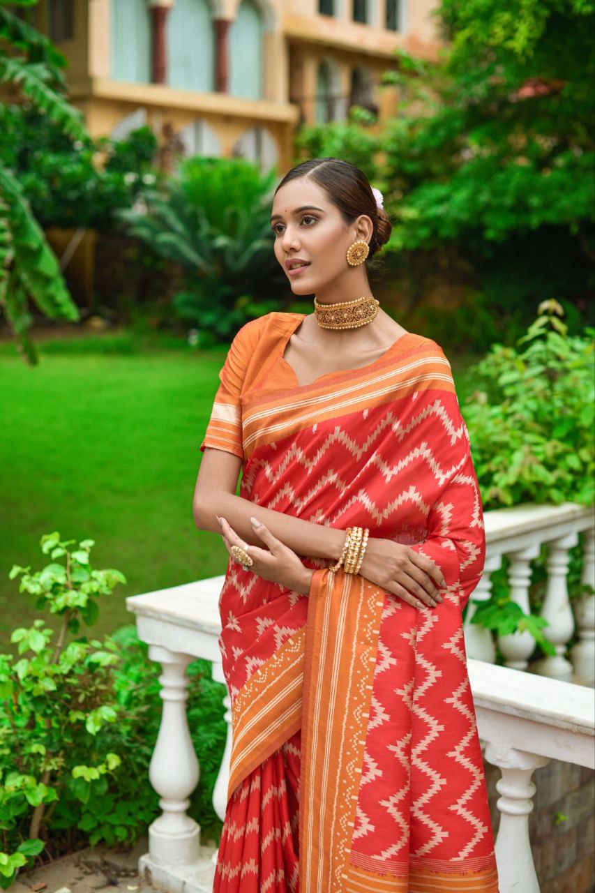 Orange Raw Silk Two Tone Weaving Saree