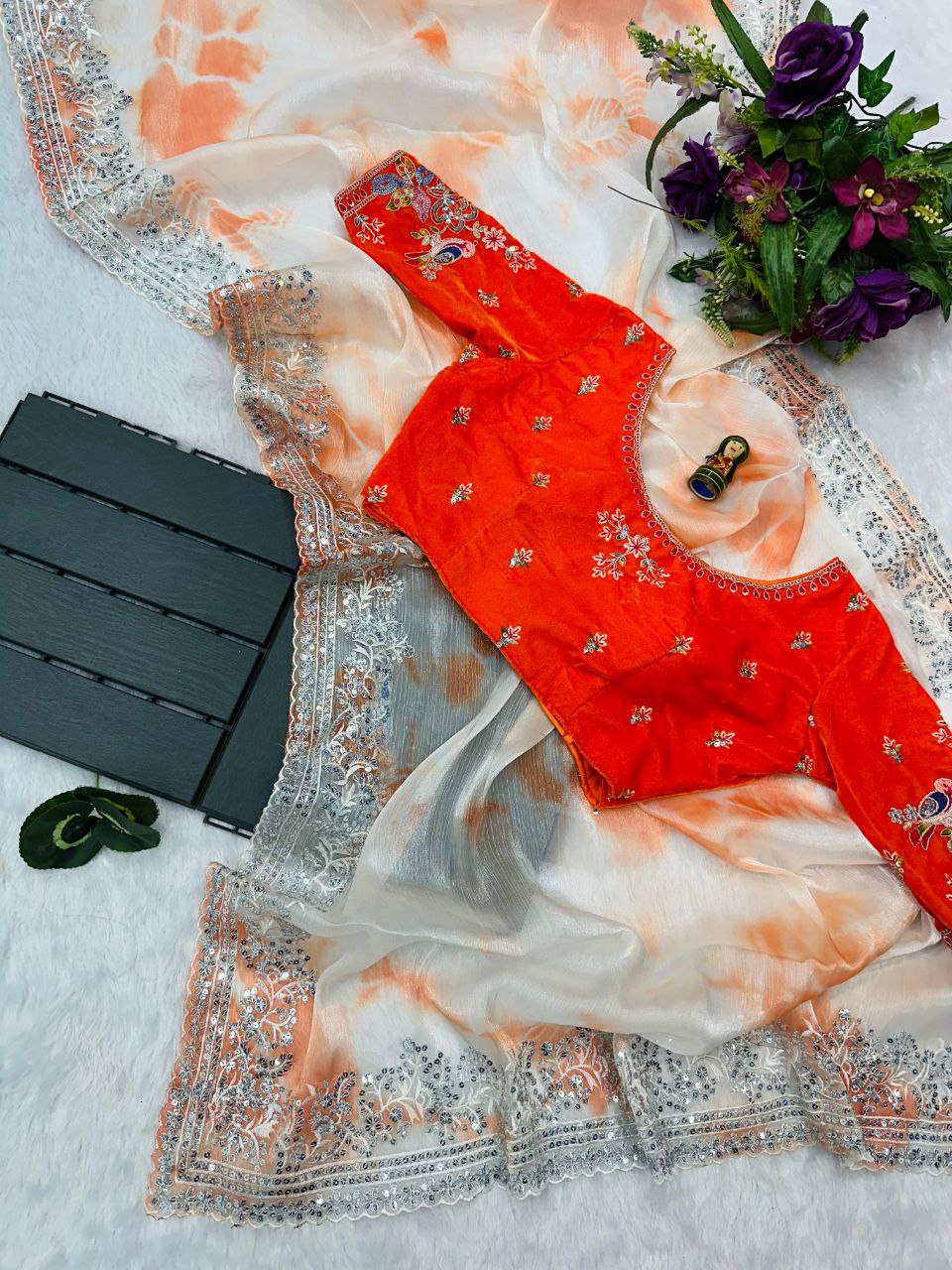 Orange Shibori Printed Burberry Silk Saree