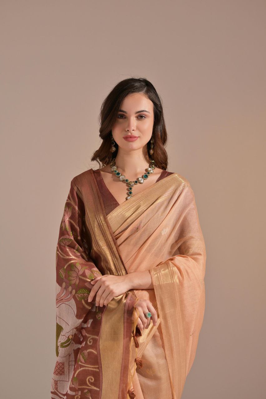 Peach Traditional Muga Cotton Saree