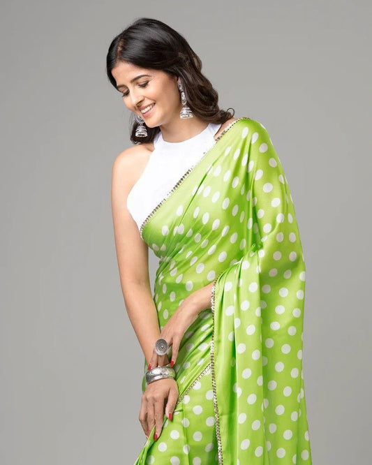 Parrot Green Polka Dot Satin Saree