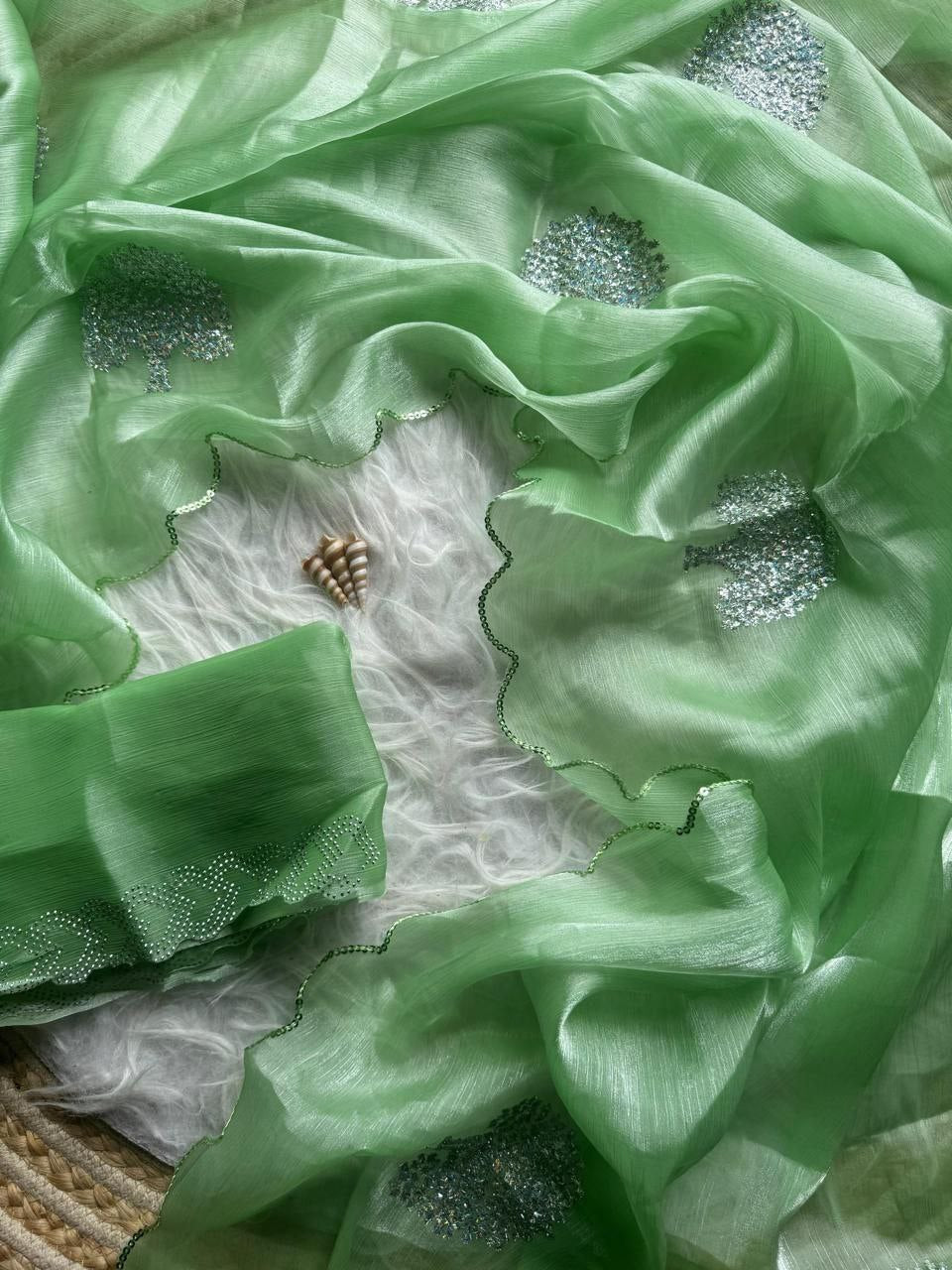 Parrot Zimmy Choo Shimmer Tissue Saree