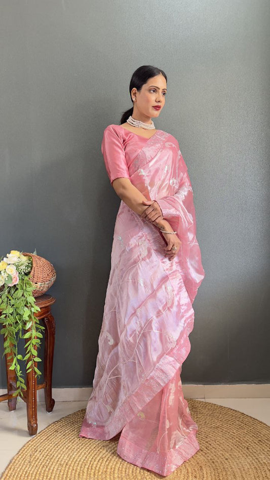 Pink Party Wear Burberry Silk Saree