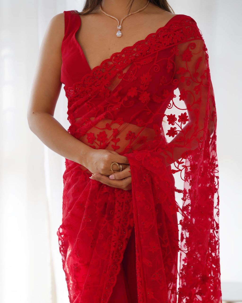 Red Party Wear Butterfly Net Saree