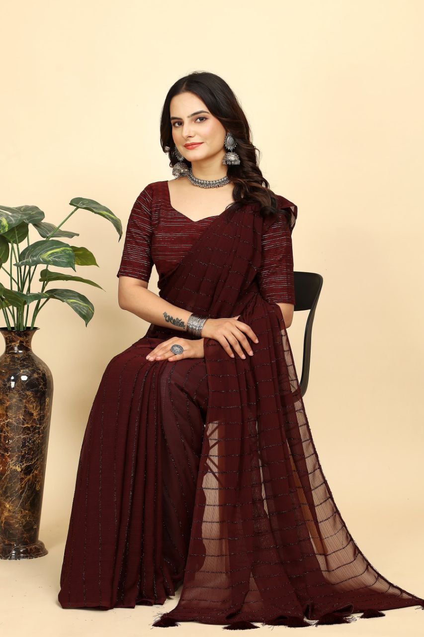 Party Wear Stripe Pattern Chiffon Saree