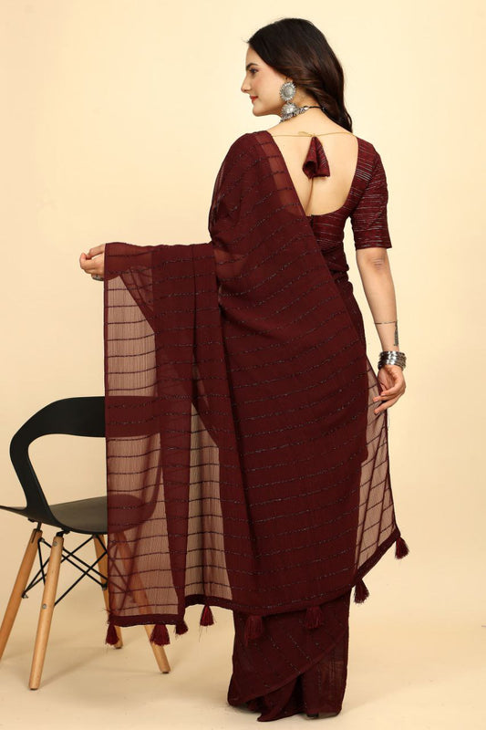 Party Wear Stripe Pattern Chiffon Saree