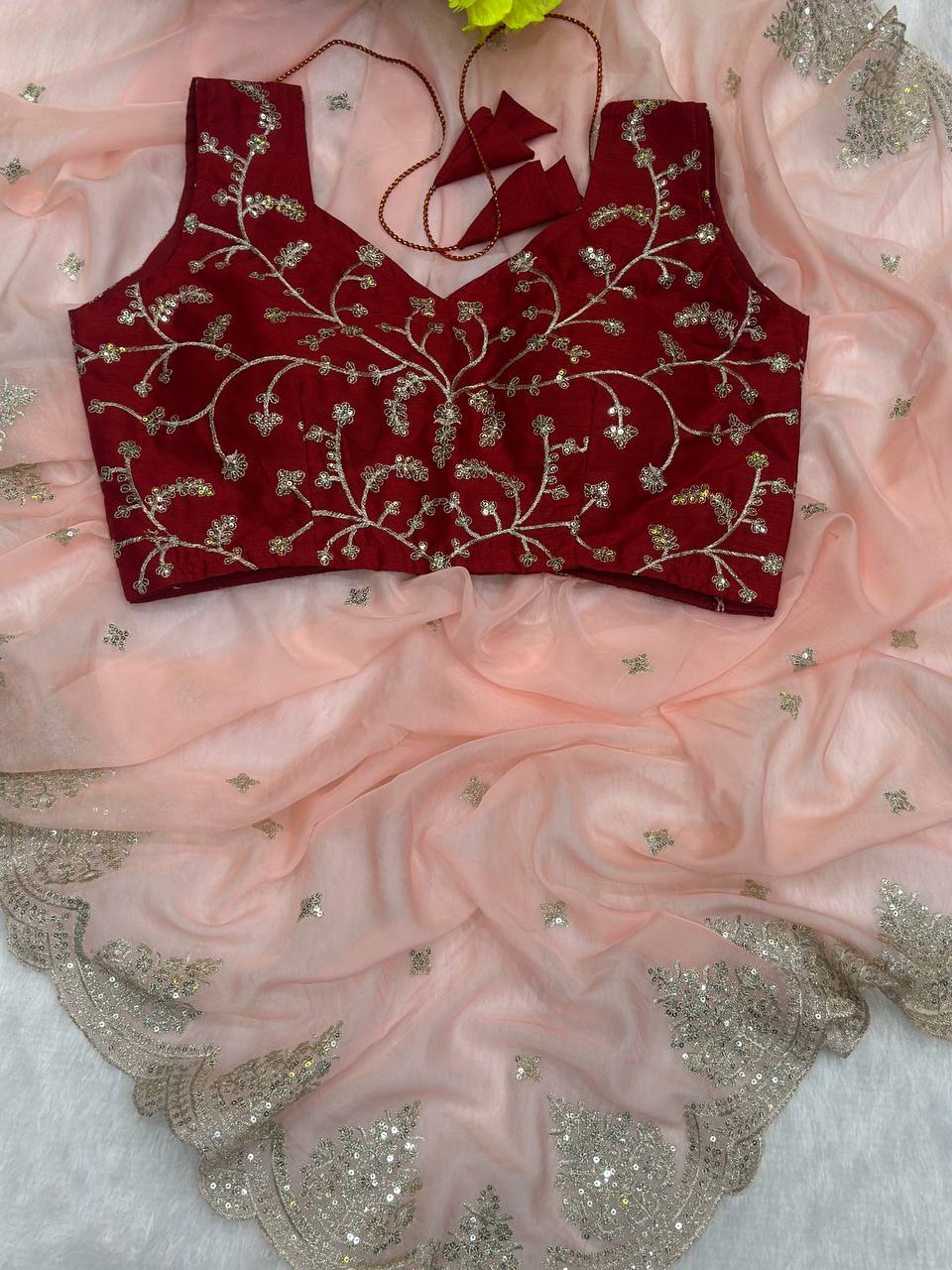 Peach Bollywood Style Organza Saree