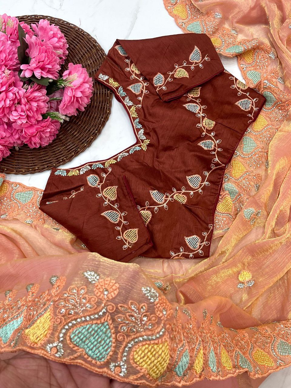 Peach Designer Fandy Chiffon Two Tone Saree