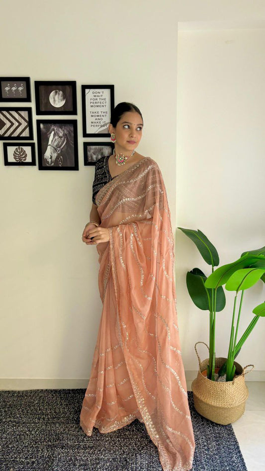 Peach Designer Organza Tabby Silk Saree