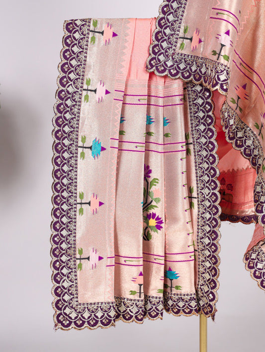 Peach Jacquard Silk Paithani Dupatta