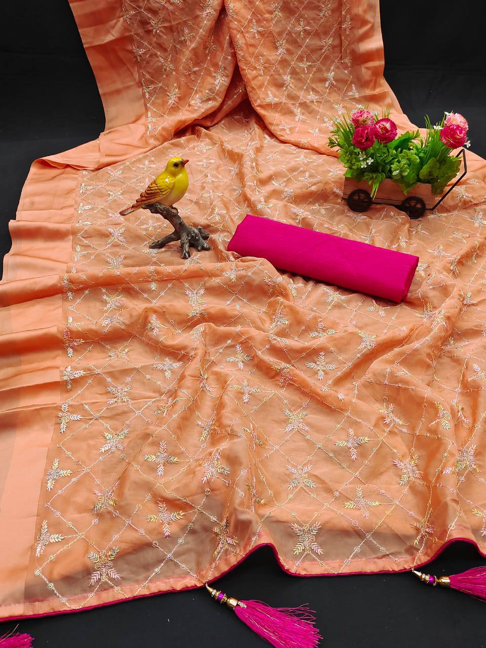 Peach Party Wear Satin Georgette Saree