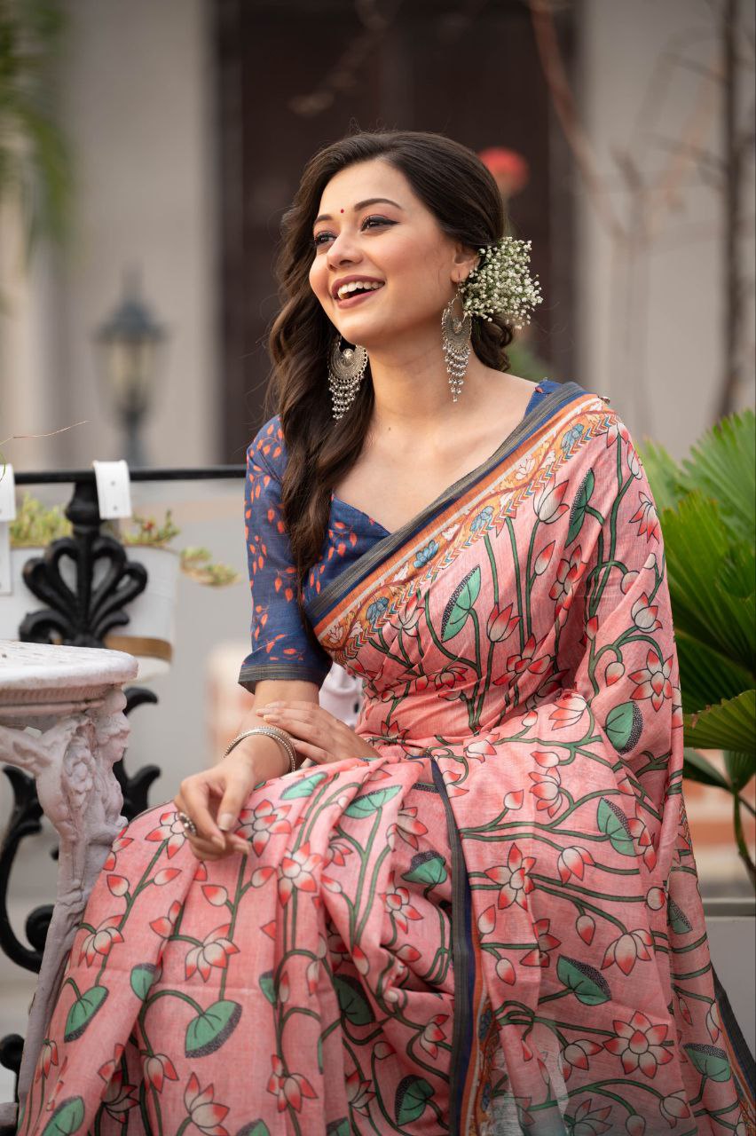 Peach Pichwai Printed Mul Linen Cotton Saree