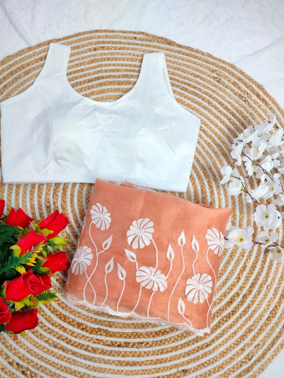 Peach Ready Made Organza Silk Saree