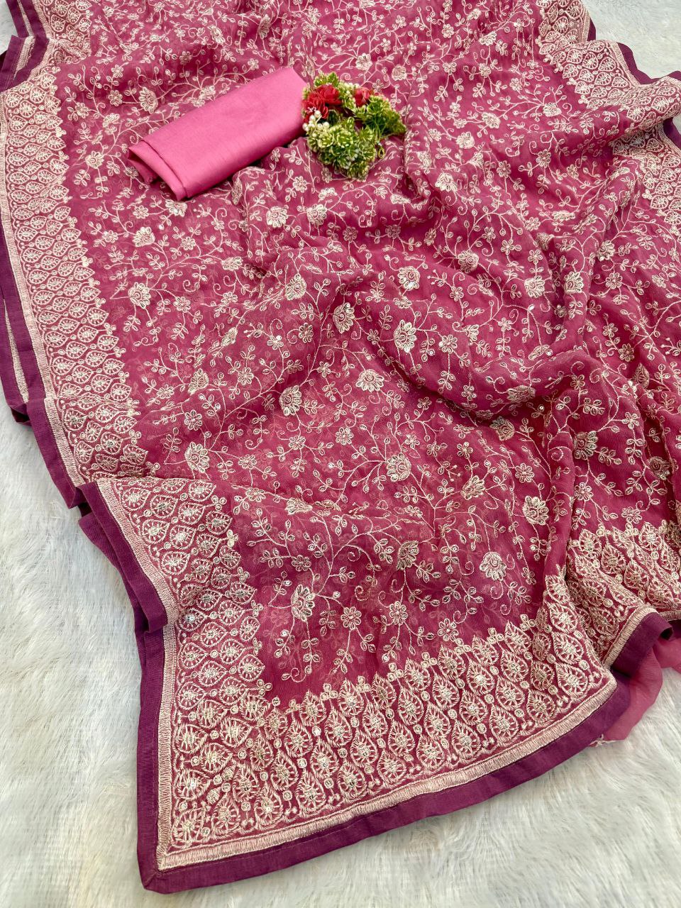 Pink Chikankari Work Shimmer Silk Saree