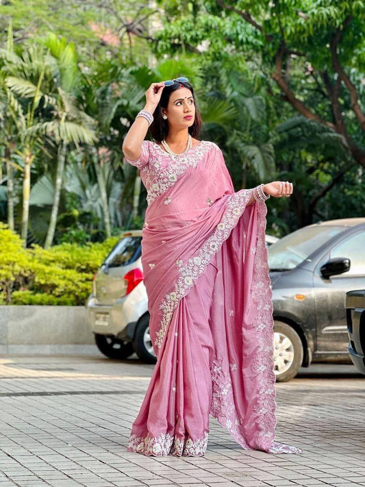 Pink Designer Wedding Wear Chinon Silk Saree