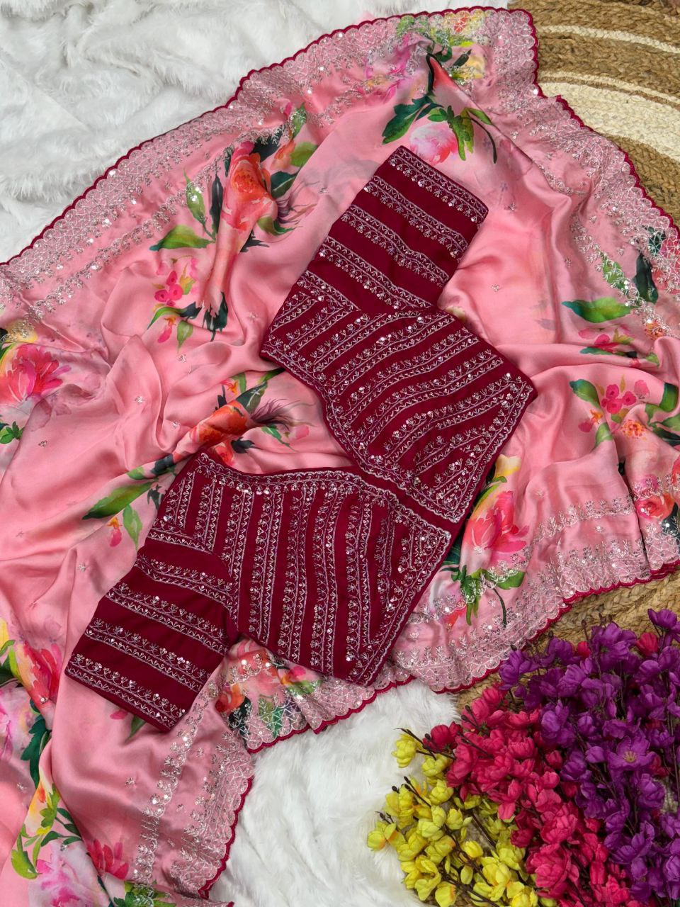 Pink Floral Georgette Satin Saree