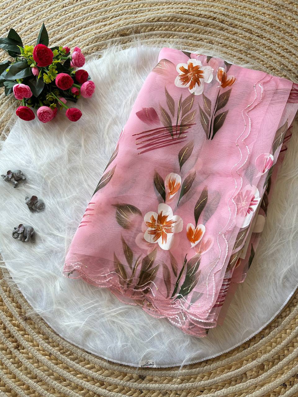 Pink Floral Handprinted Organza Silk Saree