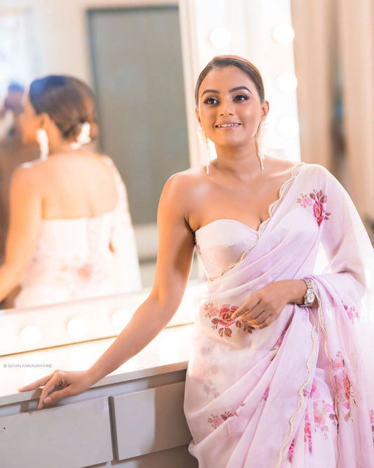 Pink Floral Handwork Organza Saree | Replica Design