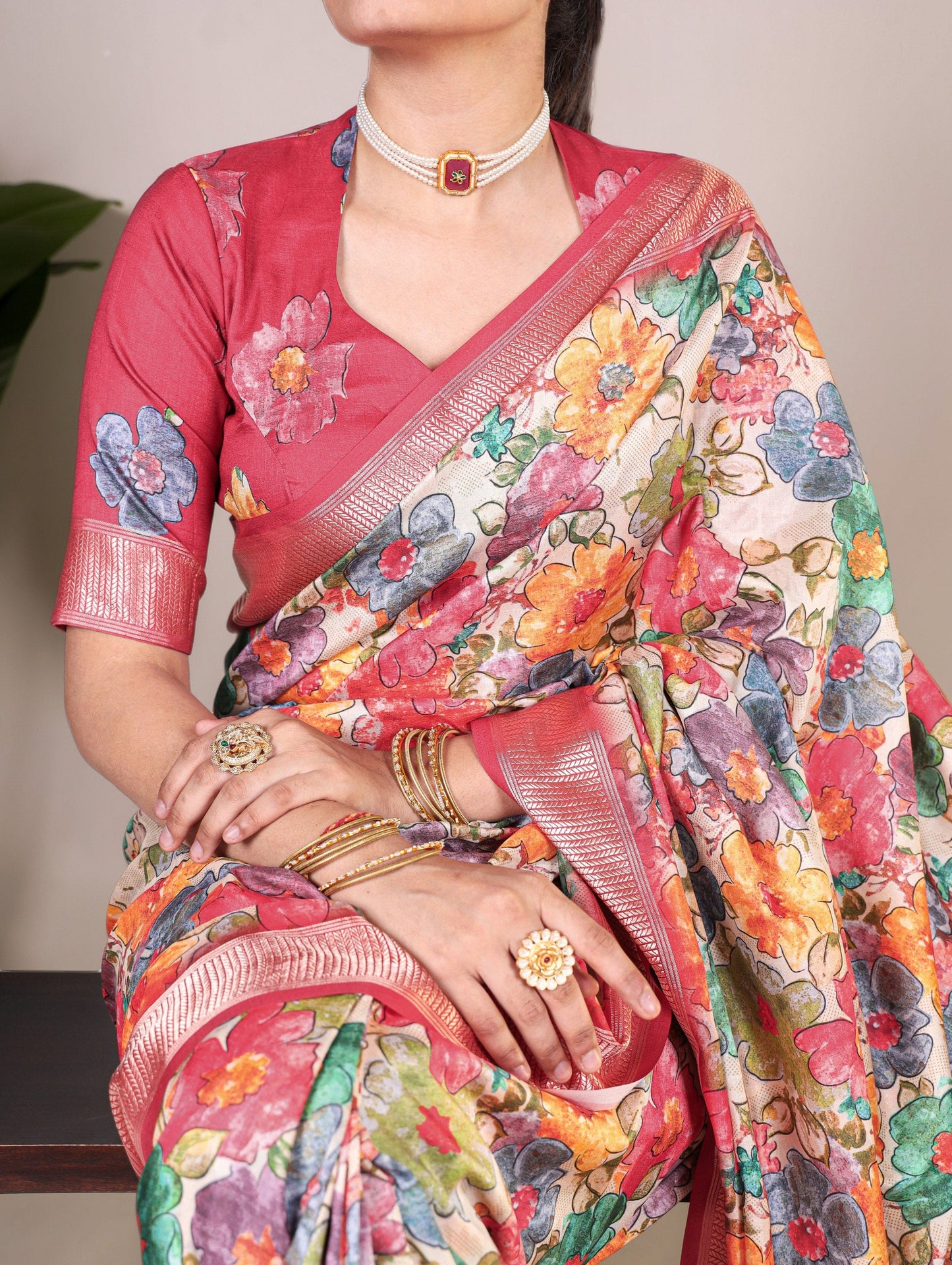 Pink Floral Printed Tussar Silk Saree