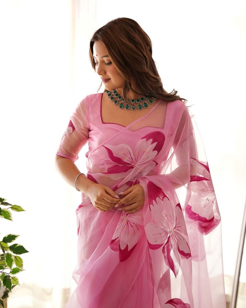 Pink Floral Ready To Wear Organza Saree