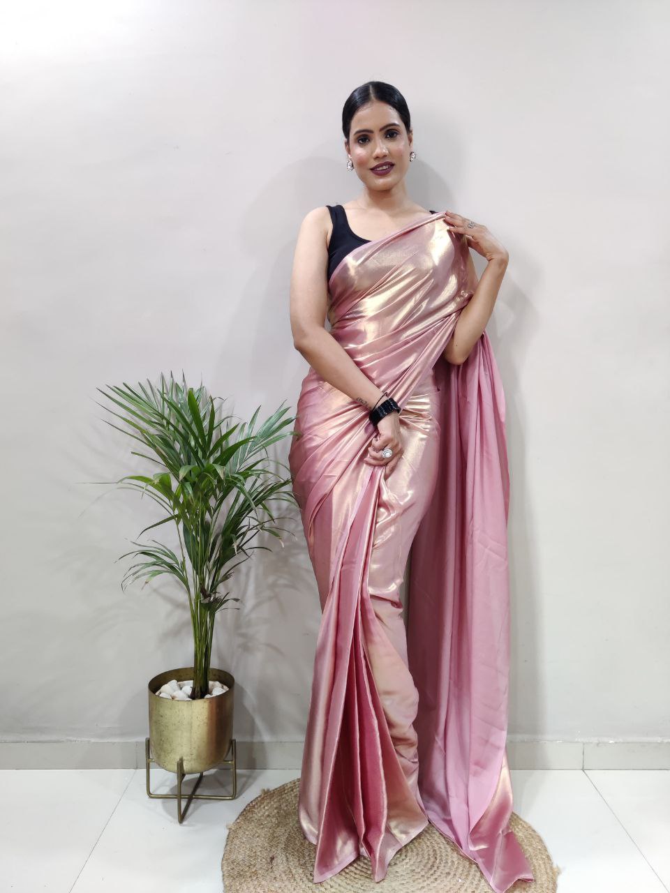 Pink Golden Ready to Wear Shimmer Silk Saree