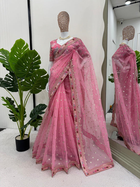 Pink Party Wear Organza Silk Saree