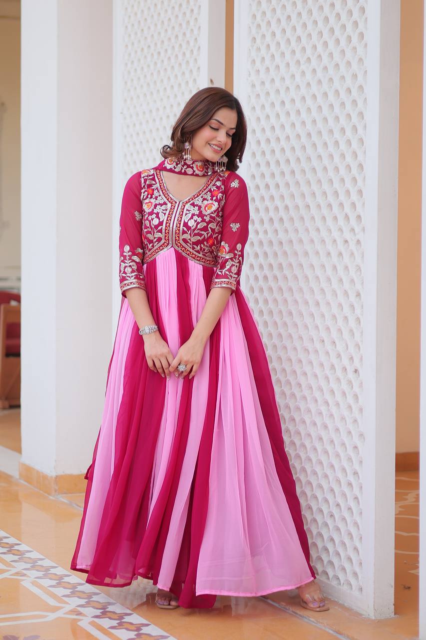 Pink & Rani Designer Georgette Gown With Dupatta