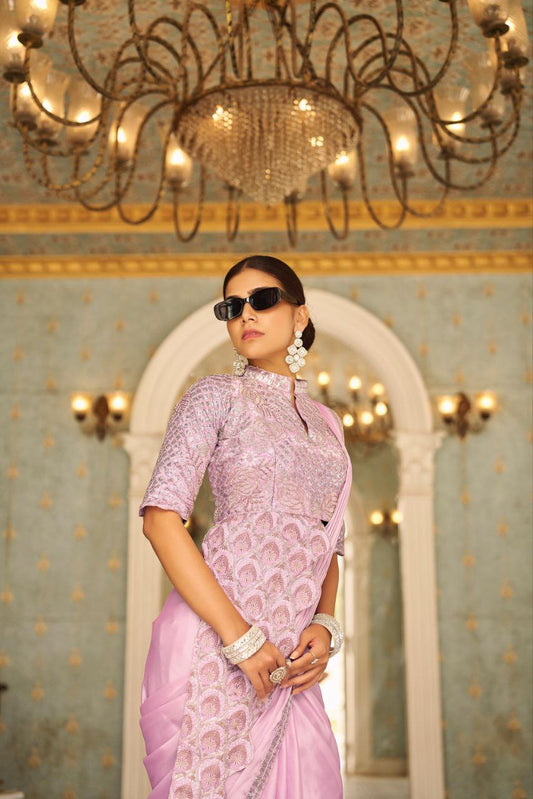 Pink Ready Made Chinon Silk Saree