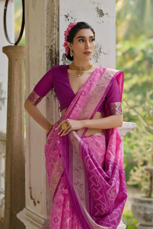 Pink Resham Weaving Raw Silk Saree