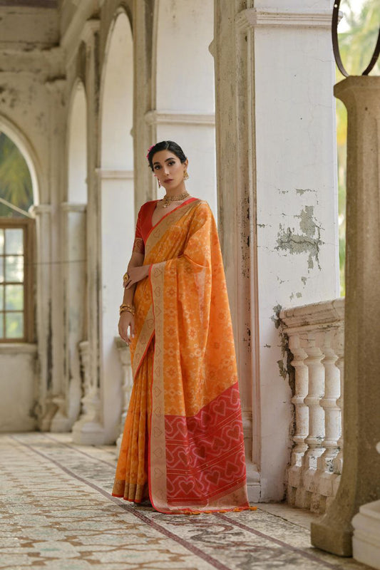 Orange Resham Weaving Raw Silk Saree