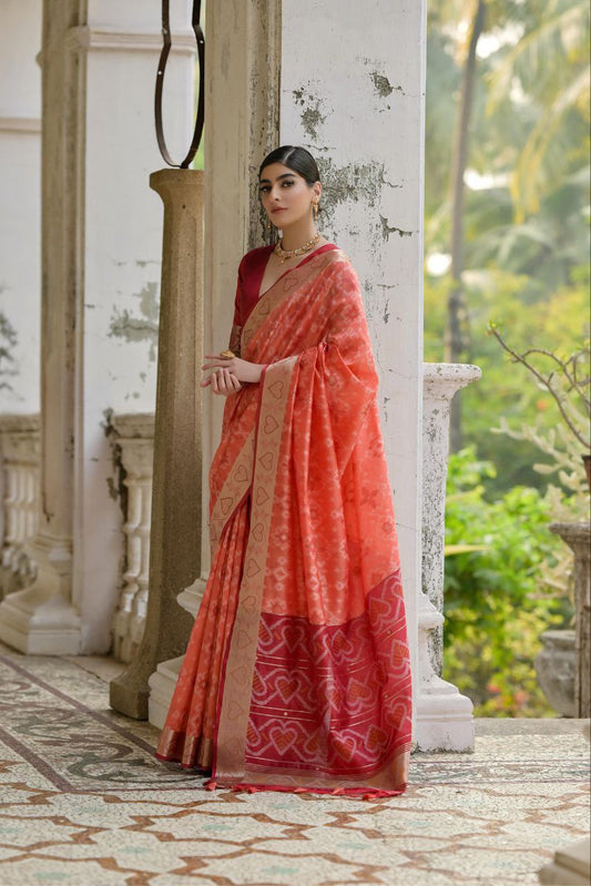 Peach Resham Weaving Raw Silk Saree