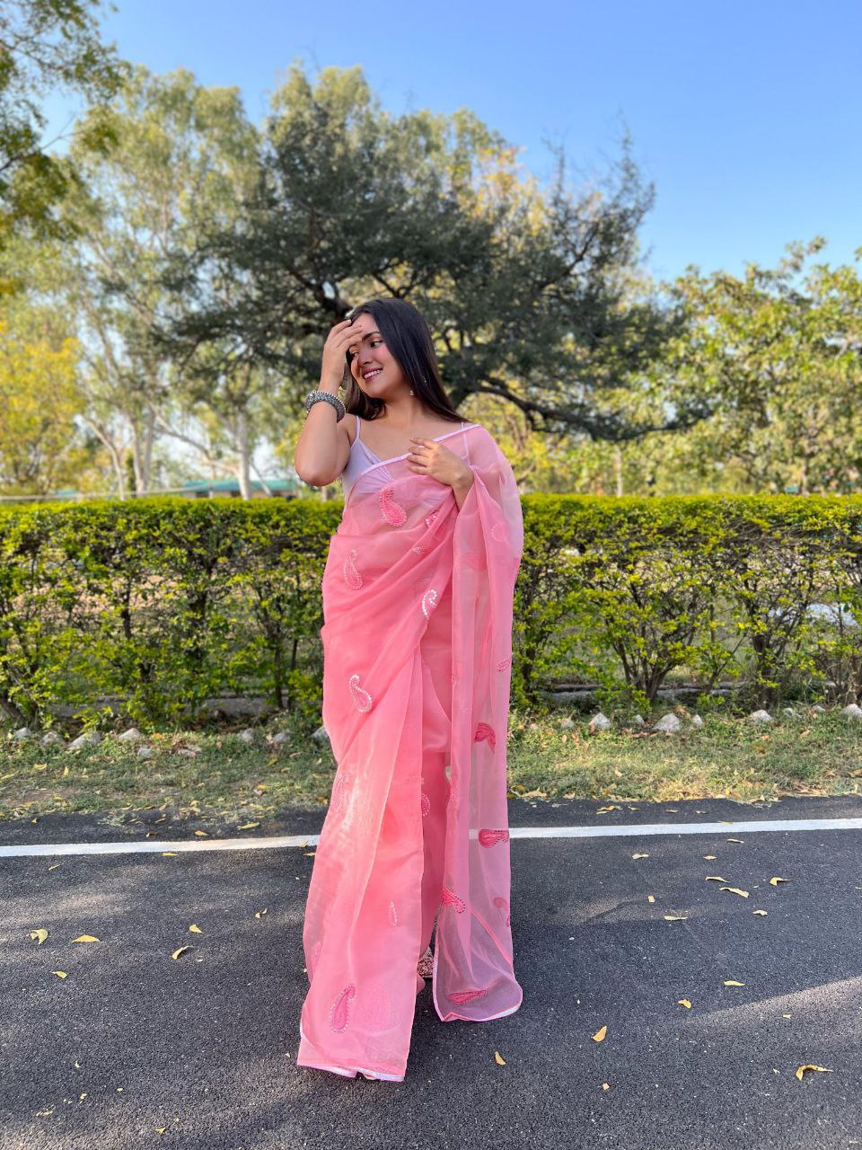 Pink Stylish Party Wear Organza Silk Saree