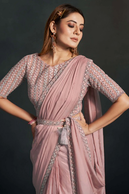 Pink Stylish Pre-Stitched Saree With Belt | Original Saree