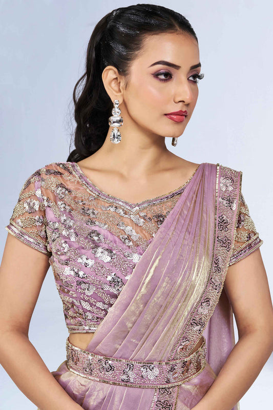 Pink Stylish Ready Made Satin Silk Saree With Belt | Original Saree