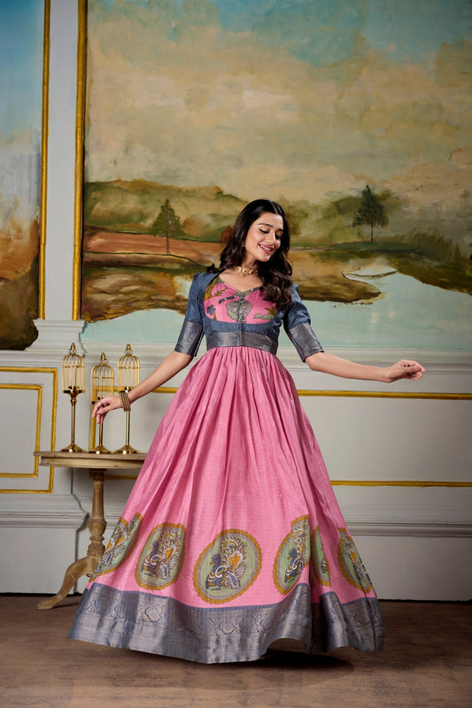 Pink Traditional Dola Silk Gown Dress