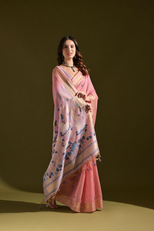 Pink Traditional Muga Cotton Saree