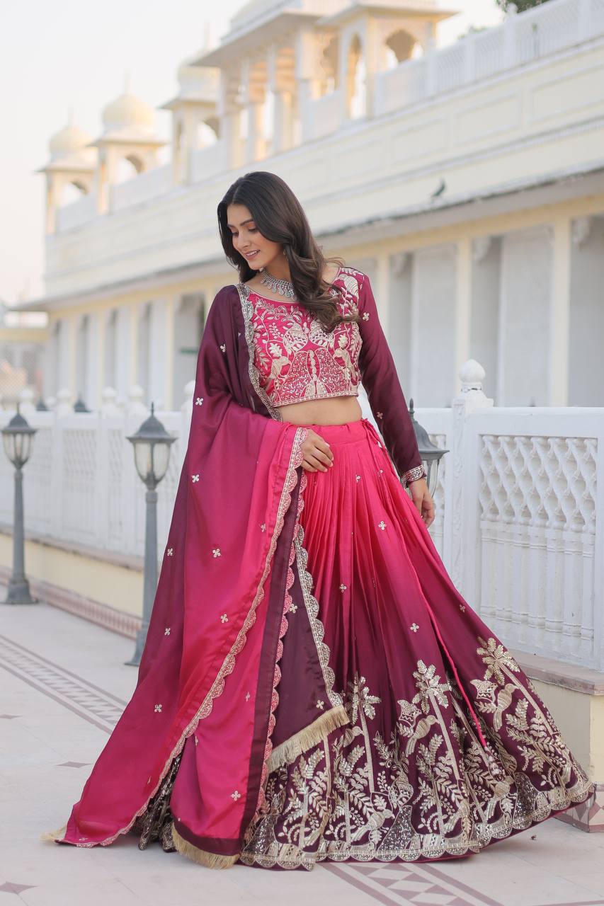 Pink & Wine Lavender Chinon Lehenga Choli For Wedding