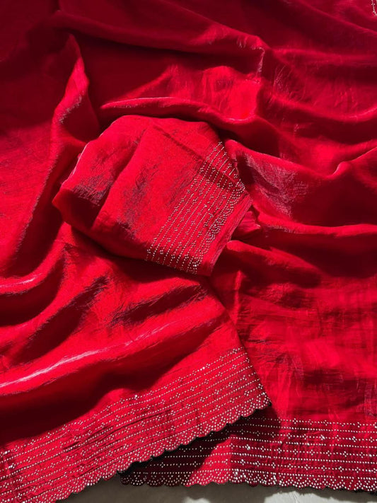 Pinkish Red Designer Party Wear Space Silk Saree