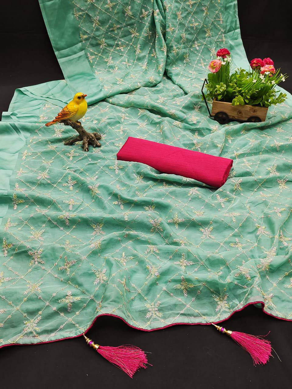 Turquoise Blue Party Wear Satin Georgette Saree